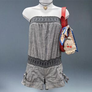 Y2K Rewind Chambray Strapless Romper XS Smocked Waist Retro Tie Shorts